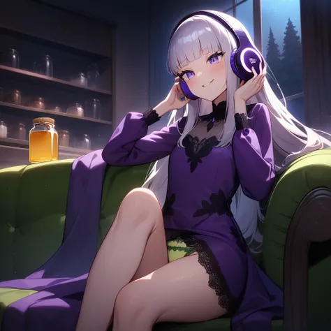 (masterpiece),(best quality),very aesthetic,(ultra-detailed),(illustration),(degenerate),very aesthetic,nsfw,1girl,16yo,slender,long hair,silver hair,straight hair,(blunt bangs),dark blue alluring eyes,comfortable,(Purple shining headphones,listening to mu...