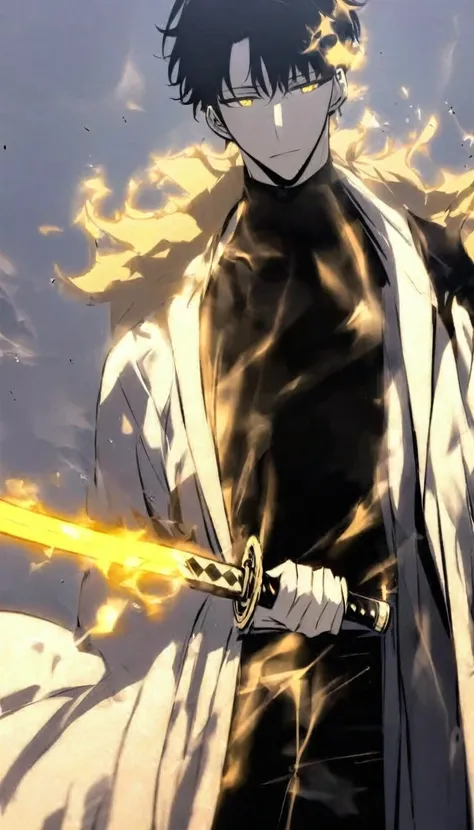 Handsome, alone, male, Short hair, Calm head, black hair, yellow eyes, black shirt, black pants, white long coat, yellow flame, holding a katana in one hand, relaxed expression, Holding a sword