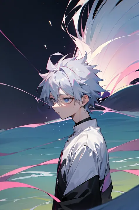 personagem de anime em frente a um lago com montanhas ao fundo, Killua Zoldyck Retrato, Arte Oficial, Kaworu Nagisa, cara de anime alto com olhos azuis, inspirado em Akihiko Yoshida, Arte digital de Danganronpa, inspired by Munakata Shikō, killua zoldyck c...