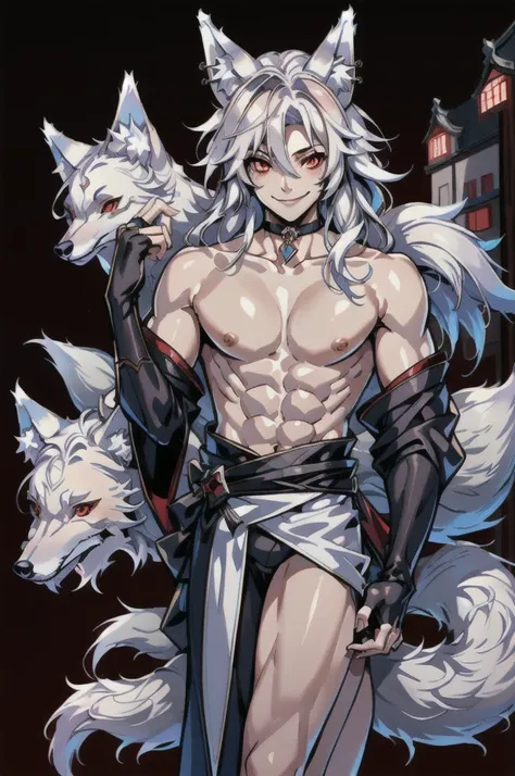 1boy, genderswap,  animal ears, bare legs, bare shoulders, building, choker, cleavage, collarbone, cowboy shot, enigma_kitsune, fox ears, hitodama, holding polearm, jewelry, kyuubi, long hair, long sleeves, looking at viewer, muscular, no humans, partially...