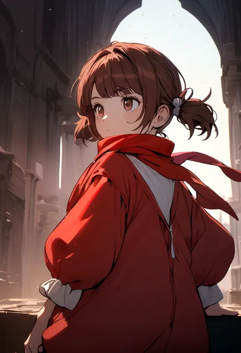 Girl with brown hair, short pigtails, bangs, red scarf on hair, brown eyes, red jumpsuit, puffy pants, white t-shirt inside