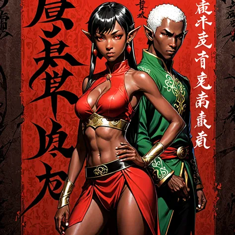 Black skin elf female and elf male, shining red, street clothing, Black and red background, serious face, against on wall, Japanese writing on the edges, written Shangri-La, persona manga style art