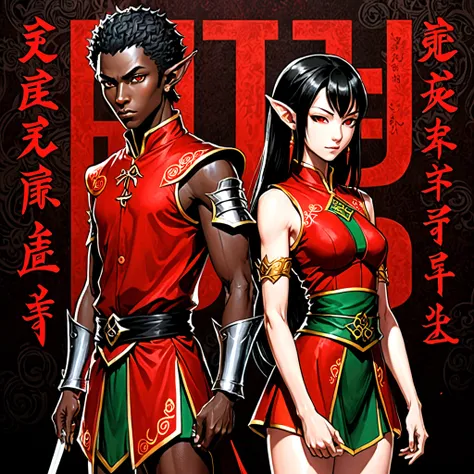 Black skin elf female and elf male, shining red, street clothing, Black and red background, serious face, against on wall, Japanese writing on the edges, written Shangri-La, persona manga style art