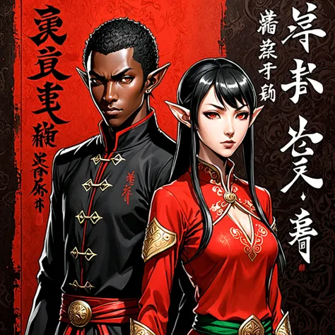 Black skin elf female and elf male, shining red, street clothing, Black and red background, serious face, against on wall, Japanese writing on the edges, written Shangri-La, persona manga style art