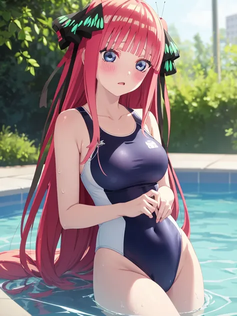 masterpiece, best quality, insanely detailed, beautiful, nino nakano, long hair, bangs, blue eyes, hair ornament, hair ribbon, pink hair, blunt bangs, two side up, butterfly hair ornament, blush, large brests, high-cut swimwea, one-piece swimsuit