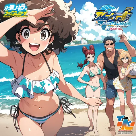 Manga cover, meninos e meninas, manga style, praia, bikinis, se divertindo no mar,  voleyball na praia, um polvo gigante aparece no mar