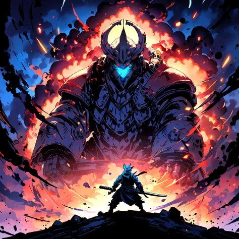 Samurai drawing sword Half kneeling stance Wick face in front Mechanical ascension There is an explosion scene behind the sword light 4K color is blue