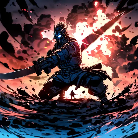 Samurai drawing sword Half kneeling stance Wick face in front Mechanical ascension There is an explosion scene behind the sword light 4K color is blue