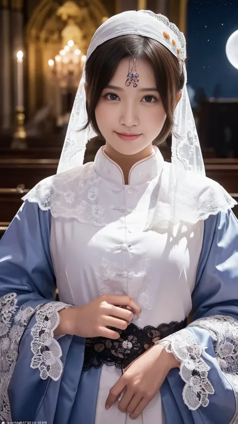 (A Ultra cute young Japanese pope:1.75), (She has clown:1.75),(she wearing a decorated with lace pope costume slim fit:2.0),(beautiful detailed eyes:2.0),beautiful detailed lips, (extremely detailed cute face:2.0), longeyelashes, (slender woman body:2.0), ...