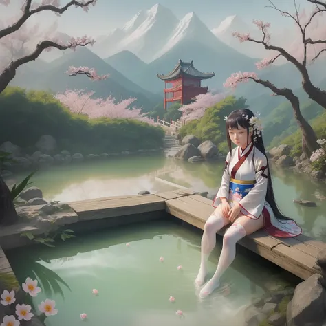 A girl in hanfu is sitting and soaking her feet in clear water on a mountain, with a Chinese park in the background, wearing white thigh-highs, surrounded by an abundance of flowers.