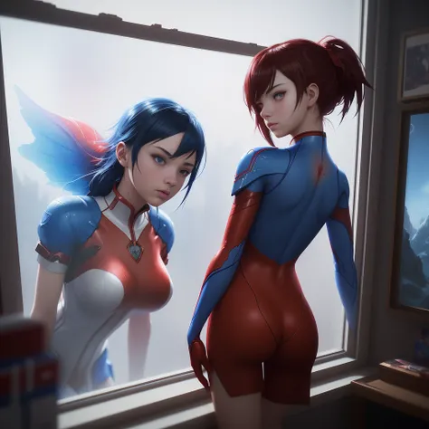 A crafted image of a girl in a red and blue costume looking out a window, in the styles of Wojtek Fus, Ross Tran, and CGSociety, with a realistic anime 3D style, reminiscent of Artgerm, Atey Ghailan, and Ilya Kuvshinov, in 4K resolution, inspired by cinema...