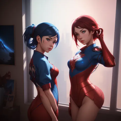 A crafted image of a girl in a red and blue costume looking out a window, in the styles of Wojtek Fus, Ross Tran, and CGSociety, with a realistic anime 3D style, reminiscent of Artgerm, Atey Ghailan, and Ilya Kuvshinov, in 4K resolution, inspired by cinema...