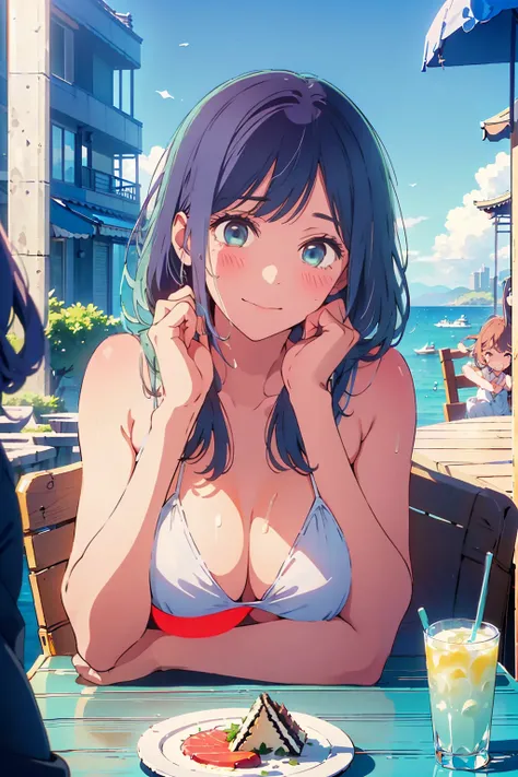 highest quality,8k,detailed,F cup bust、Big Breasts、Very cute face、Slim and beautiful arms、Slim body、Very white beautiful skin、((((1 person、looking at the camera、smile、Thin white bikini、smile、sit、In the background are the urban buildings of Tokyo、Outdoor ca...