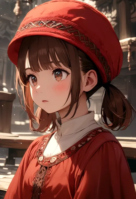 Girl with brown hair, short pigtails, bangs, red wool hat, brown eyes, red jumpsuit, puffy pants, white t-shirt inside