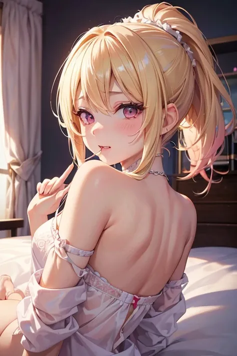 highest quality, masterpiece, so beautiful, Highly detailed 8K wallpapers, A beautiful girl from another world,(White skin), (Blonde hair Pink gradient hair), ponytail, Intermittently, Laughing with your mouth open, Long eyelashes, cosmetics, With both eye...