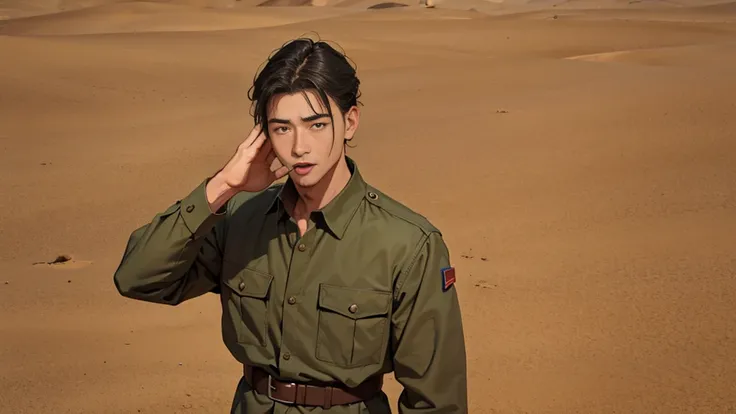 Portrait of a man in his 40s、standing、 Half-dead soldier, mouth open, talking、Long body、 、desert background、