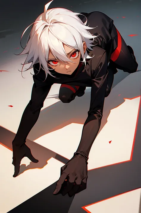 hight resolution,Anime boy with white hair and red eyes staring at camera, red eyes,slim, dressed in a black outfit,Shadow Body,Brown skin,monochromes,hair messy,Diagonal angle
