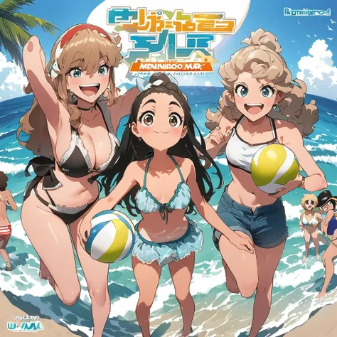 Manga cover, meninos e meninas, manga style, praia, bikinis, se divertindo no mar,  voleyball na praia, um polvo gigante aparece no mar