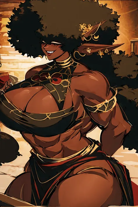 (masterpiece, best quality:1.2),1 girl, voluptuous body, full body, masterpiece, dominant pose, good anatomy, no extra limbs, big ass, thick thighs, black hair, voluminous afro, pointy ears, gold earrings, black top with red details, black skirt with red d...