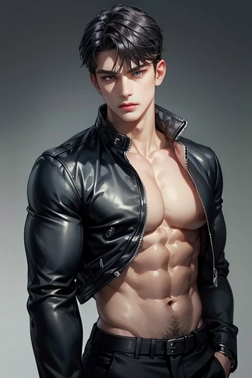 1boy, male_focus, solo, black_hair, jacket, pectorals, abs, nipples, navel, black_pants, muscular, pants, black_jacket, open_jacket, short_hair, open_clothes, muscular_male, looking_at_viewer, closed_mouth, bare_pectorals, blue_eyes, bara, large_pectorals,...