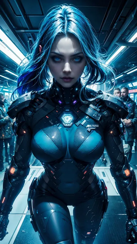 Angle from above, at night. A beautiful and sexy cyborg girl, long hair, blue hair, sexy carbon fiber and purple cybernetic augmentations, with neon intrincate lines. inside the underground subway, raytraced, cyberpunk, cyberpunk subway. she is beautiful, ...