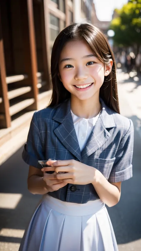 lens: 135mm f1.8, (highest quality),(RAW Photos), (Tabletop:1.1), (Beautiful 13 year old Japanese girl), Cute Face, (Deeply chiseled face:0.7), (freckles:0.4), Dramatic lighting, (uniform), (On campus), shy, (cowboy shot), (smile),, (Sparkling eyes)、