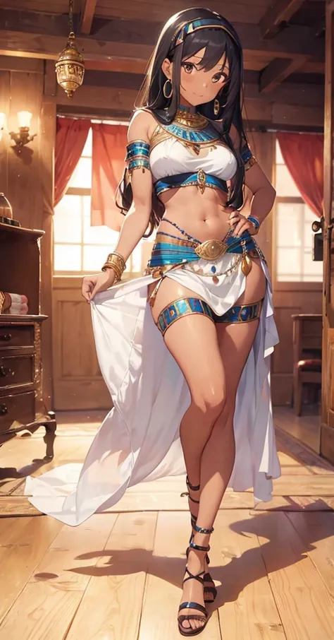 a woman in a traditional egyptian outfit and blue jewelry standing on room , 1girl, jewelry, solo, dark-skinned female, navel, dark skin, long hair, armlet, hand on hip, earrings, midriff, black hair, bracelet, breasts, skirt , smile