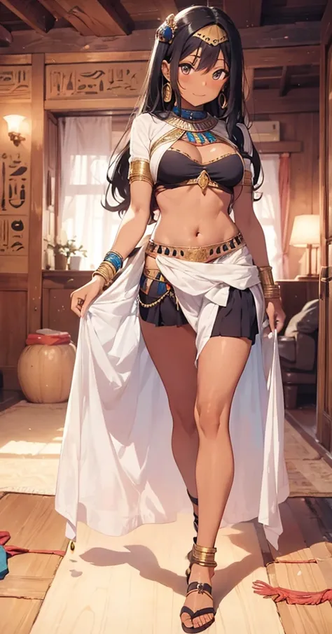 a woman in a traditional egyptian outfit and blue jewelry standing on room , 1girl, jewelry, solo, dark-skinned female, navel, dark skin, long hair, armlet, hand on hip, earrings, midriff, black hair, bracelet, breasts, skirt , smile