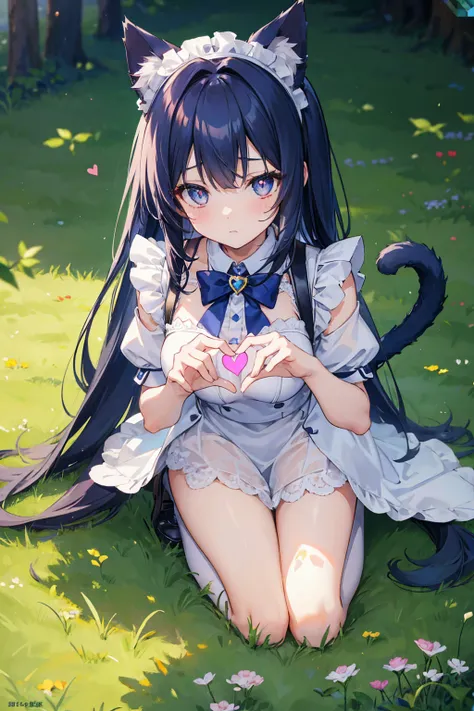 Girl，Cat ear，Tail，Blue long hair，Kneeling，Lean forward，shy，Heart-shaped pupil，Grass background，Maid costume，masterpiece，Ultra-clear，8K，Ultra Detail