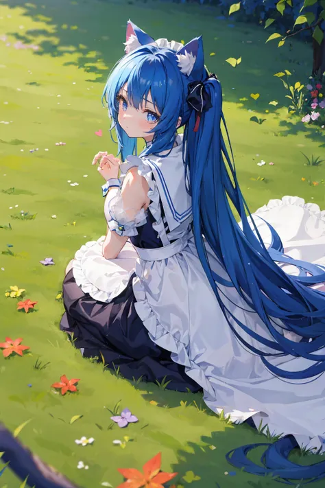 Girl，Cat ear，Tail，Blue long hair，Kneeling，Lean forward，shy，Heart-shaped pupil，Grass background，Maid costume，masterpiece，Ultra-clear，8K，Ultra Detail