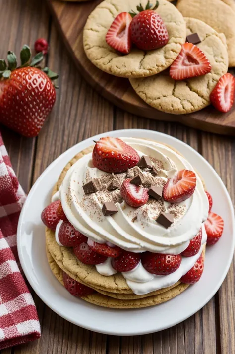 Galleta con dulce de leche, fresas, chocolate y crema