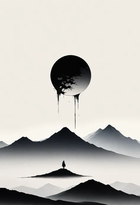 Artistic ink painting，Three-dimensional ink painting，Minimalism，Minimalist graphics，Minimal Art，Clean background，古韵White Space，White Space，大面积White Space，Texture Matte，Low saturation，Minimalist composition，Master composition。Mountain，A person far away