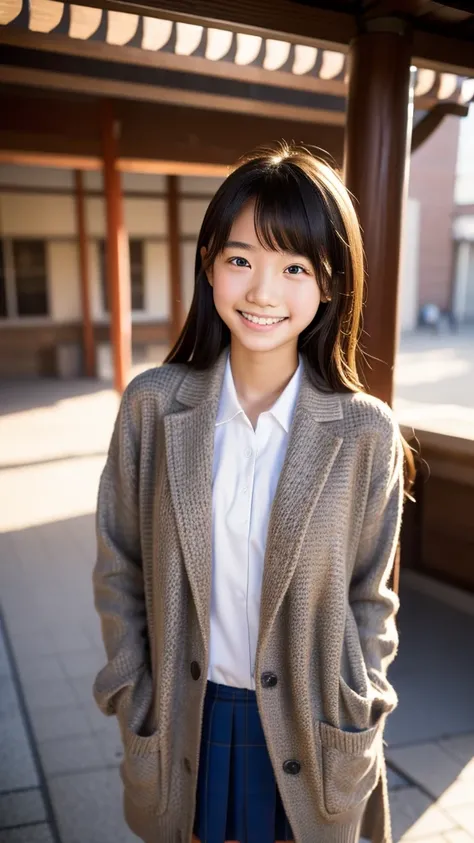 S: 135mm f1.8, (highest quality),(RAW Photos), (standing), (Beautiful 13 year old Japanese girl), Cute Face, (Deeply chiseled face:0.7), (freckles:0.4), Dramatic lighting, (uniform), (On campus), shy, (cowboy shot), (smile),, (Sparkling eyes)、