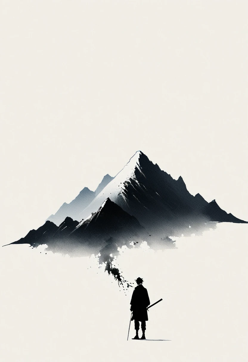 Artistic ink painting，Three-dimensional ink painting，Minimalism，Minimalist graphics，Minimal Art，Clean background，古韵White Space，White Space，大面积White Space，Texture Matte，Low saturation，Minimalist composition，Master composition。Mountain，A person far away