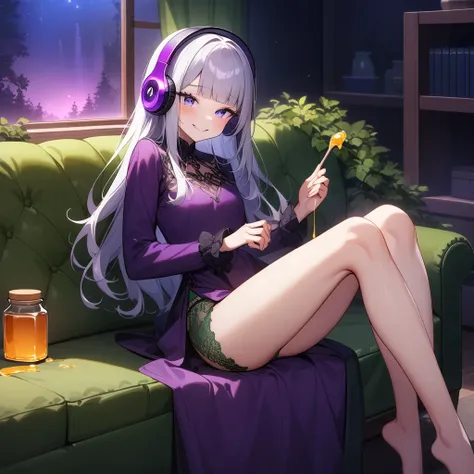 (masterpiece),(best quality),very aesthetic,(ultra-detailed),(illustration),(degenerate),very aesthetic,nsfw,1girl,16yo,slender,long hair,silver hair,straight hair,(blunt bangs),dark blue alluring eyes,comfortable,(Purple shining headphones,listening to mu...