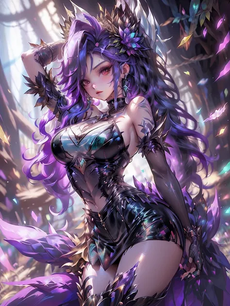 a woman with long purple hair and a black dress poses in the forest, extremely detailed artistic germ, Arte detallado de alta calidad 8k, fantasy art style, a sexy maid in a magical forest, chica anime seductora, succubus in short tight dress, estilo artge...