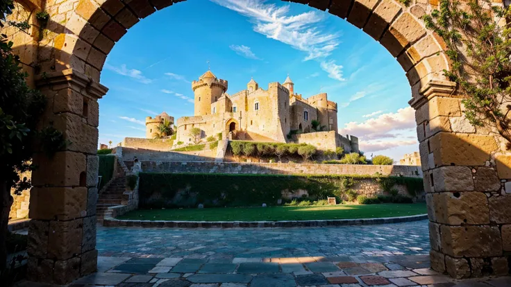 A detailed and realistic depiction of Castell de Eivissa beach in Ibiza, a historic castle situated on a hilltop overlooking the Mediterranean sea, with a warm golden hour lighting, vibrant blue skies, lush vegetation, and a sense of ancient grandeur, (bes...