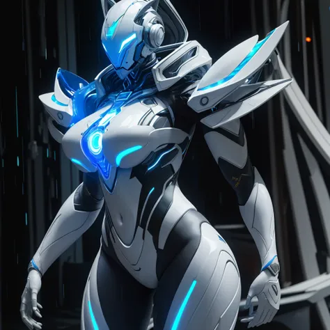 Dronificated unknown woman in a fully enclosed skin tight white latex fullbody suit with blue lights across the suit and star shaped glowing core in the chest, fully enclosed cyber helmet that cover her whole face and hides her identity with a blue screen ...