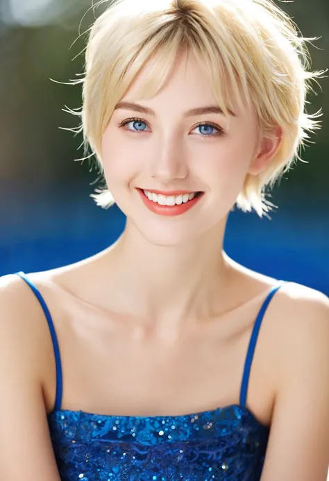 Wonderfull,beautiful,woman,18 years old,smile,,sweet,cute,blue eyes,blonde short hair,using a tight and short dress,pousing for a professional photoextreme hiper high quality ever,extreme hiper high detailed,extreme hiper high resolution,extreme hiper high...