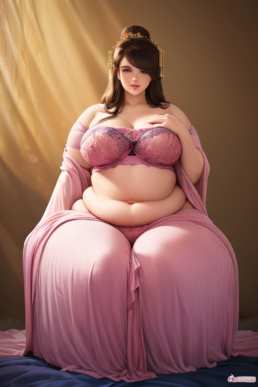 ((best quality)), ((masterpiece)), (detailed), (Morbid obesity:1.5), female, (obese belly:1.5), ((big belly)), (upper body obesity:1.8), protruding belly, (full body shot:1.3),  (weight over 120kg:1.2), with bra and lingerie, (horizontal belly button:1.3)