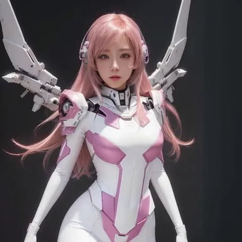 un primer plano de una mujer vestida de blanco y rosa, girl with mecha cybernetic armor, streamlined pink armor, beautiful cyborg angel girl, armadura rosa resbaladiza, personaje animado; arte de cuerpo completo, robotic anime mixed with organic, en armadu...