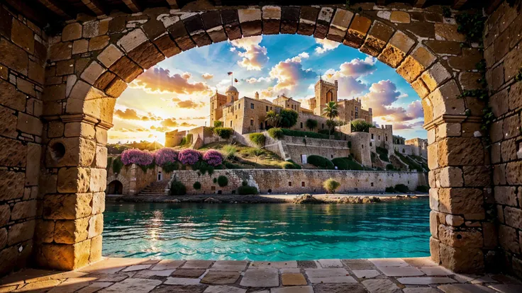 A detailed and realistic depiction of Castell de Eivissa beach in Ibiza, a historic castle situated on a hilltop overlooking the Mediterranean sea, with a warm golden hour lighting, vibrant blue skies, lush vegetation, and a sense of ancient grandeur, (bes...