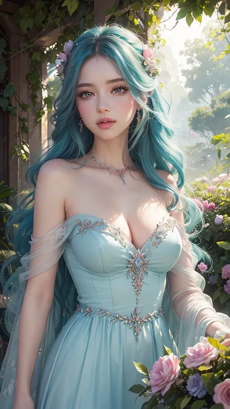 (best quality,photo-realistic:1.37),vibrant colors,professional,extremely detailed eyes and face,beautiful detailed lips,longeyelashes,(soft,pastel) color palette,studio lighting,women,portrait,concept artists,lush garden background,dreamy atmosphere,roman...