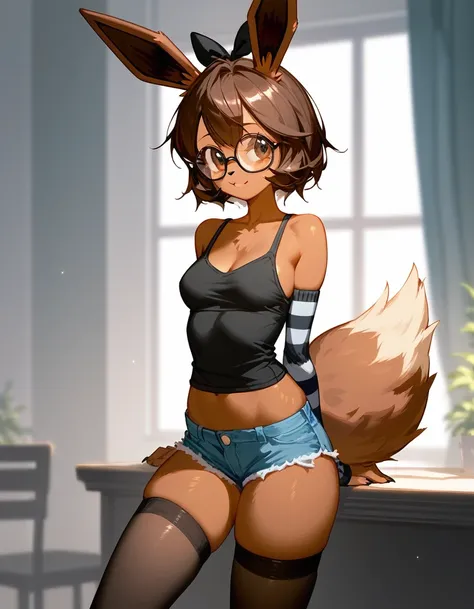 Solo, score_9,score_8_up,score_7_up, an Anthro furry female eevee pokemon, brown eyes, short brown hair, little bow in her hair, tall slender body, wearing black tank top, nerdy glasses, black arm warmers, jean shorts, black thigh highs with exposed toes, ...