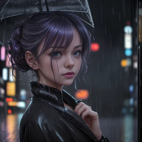 An 8k, RAW photo of the highest quality, a masterpiece with realistic, photo-realistic elements, depicting a rainy night on a Tokyo street. The cityscape is wet and illuminated by the soft lights of a cyberpunk city. A girl with an extremely beautiful face...