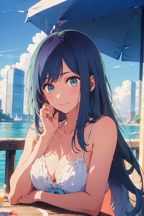 highest quality,8k,detailed,F cup bust、Big Breasts、Very cute face、Slim and beautiful arms、Slim body、Very white beautiful skin、((((1 person、looking at the camera、smile、Thin white bikini、smile、sit、In the background are the urban buildings of Tokyo、Outdoor ca...