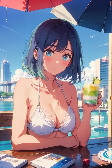 highest quality,8k,detailed,F cup bust、Big Breasts、Very cute face、Slim and beautiful arms、Slim body、Very white beautiful skin、((((1 person、looking at the camera、smile、Thin white bikini、smile、sit、In the background are the urban buildings of Tokyo、Outdoor ca...