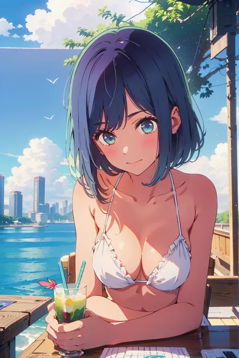 highest quality,8k,detailed,F cup bust、Big Breasts、Very cute face、Slim and beautiful arms、Slim body、Very white beautiful skin、((((1 person、looking at the camera、smile、Thin white bikini、smile、sit、In the background are the urban buildings of Tokyo、Outdoor ca...