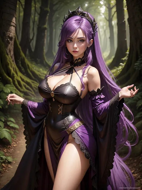 a woman with long purple hair and a black dress poses in the forest, extremely detailed artistic germ, Arte detallado de alta calidad 8k, fantasy art style, a sexy maid in a magical forest, chica anime seductora, succubus in short tight dress, estilo artge...