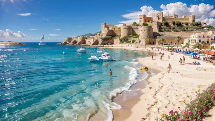 Castell de Eivissa beach in Ibiza, Spain, background with water, yachts, boats, detailed architecture, people, vibrant atmosphere